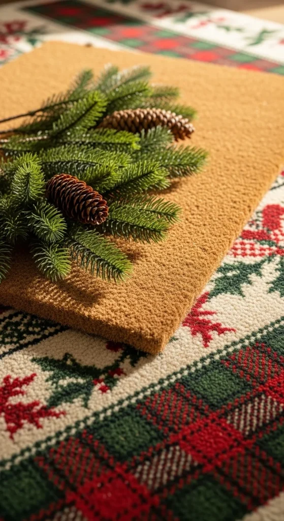 A Doormat Layered With a Holiday Rug