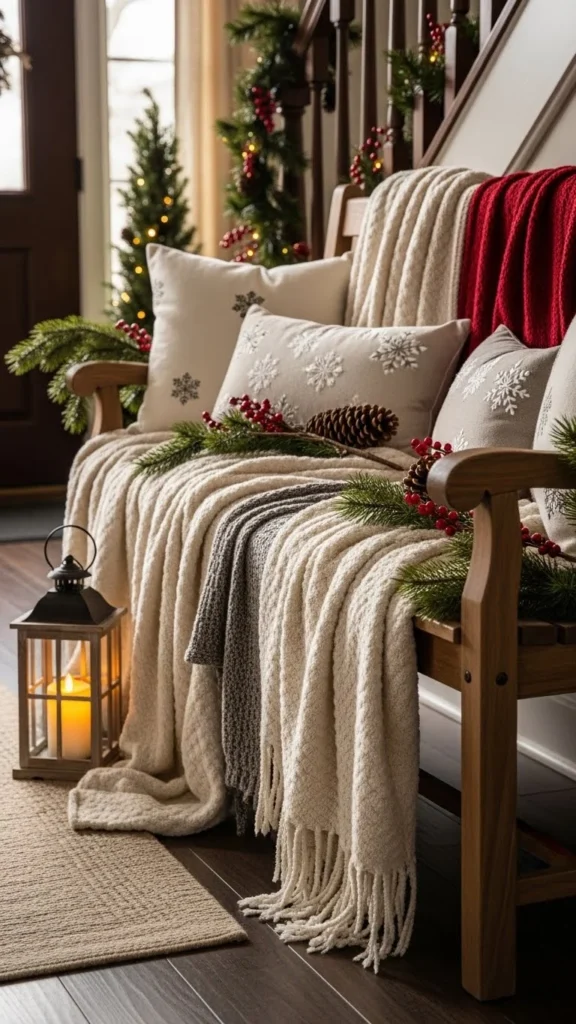 A Wooden Bench with Cozy Textiles