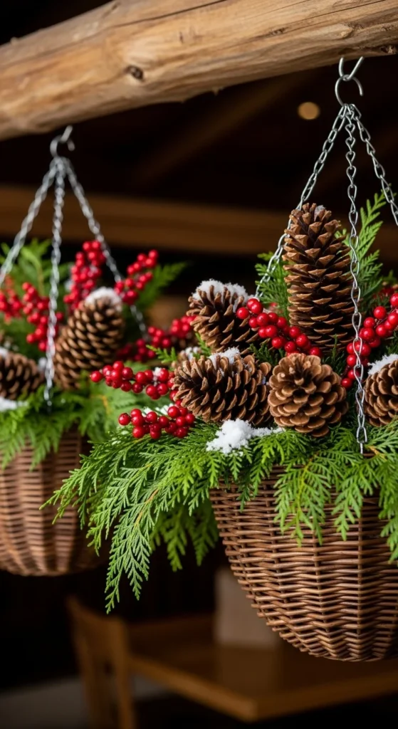 Hanging Baskets Filled With Winter Greenery