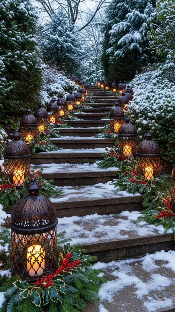 Lanterns Lined Along the Steps