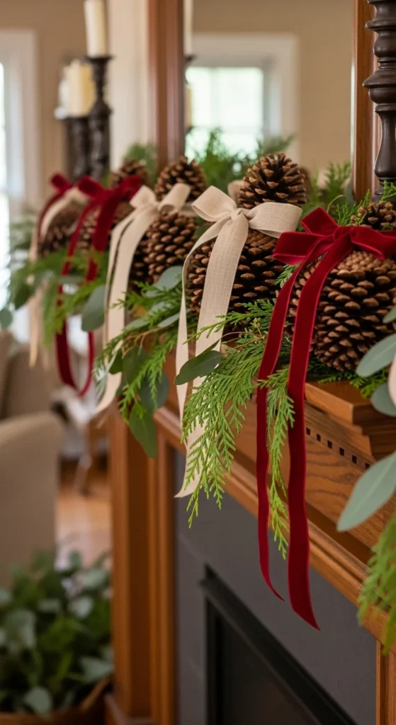 Natural Pinecones With Ribbon Bows