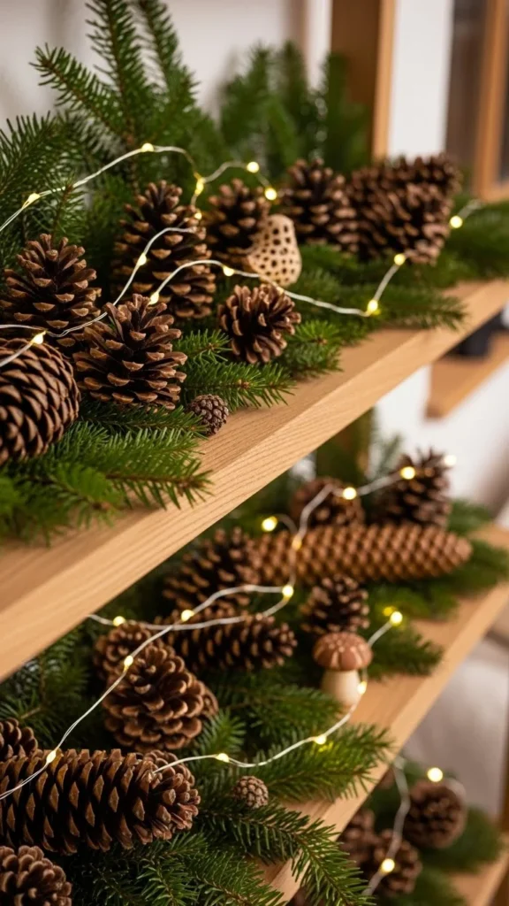 Nature-Inspired Shelf with Pinecones