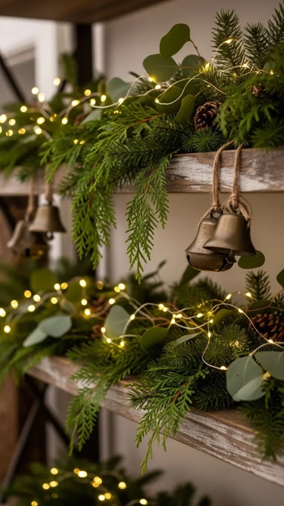 Shelf with Layered Greenery and Lights