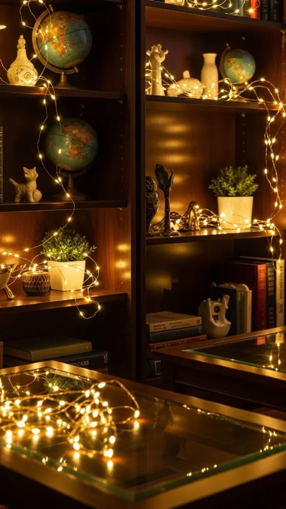 Warm Fairy Lights Around Shelves