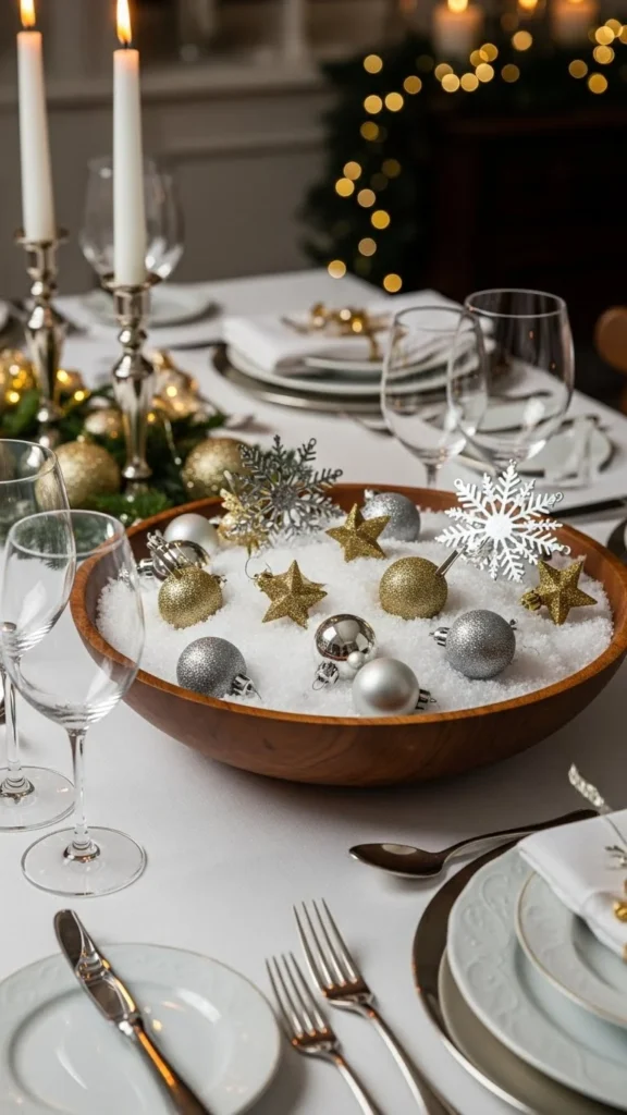 Bowl of Faux Snow and Ornaments