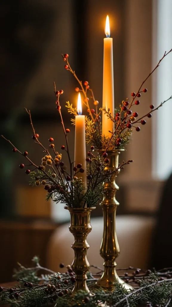 Brass Candle Holders with Winter Stems