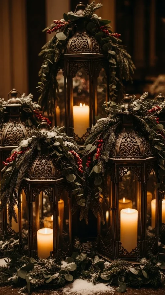 Candle Lanterns Filled with Winter Greens
