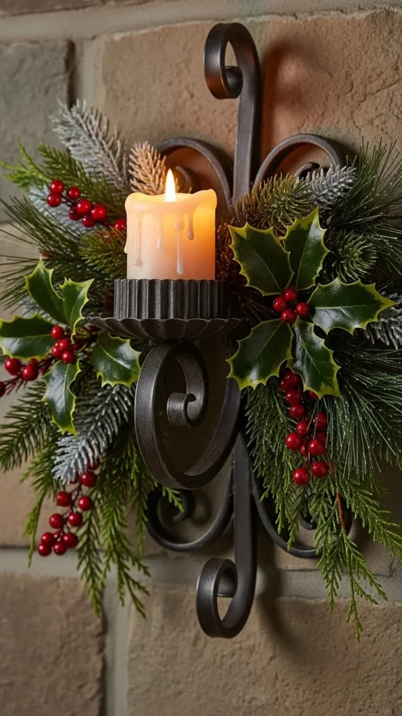 Candle Sconce With Winter Greenery
