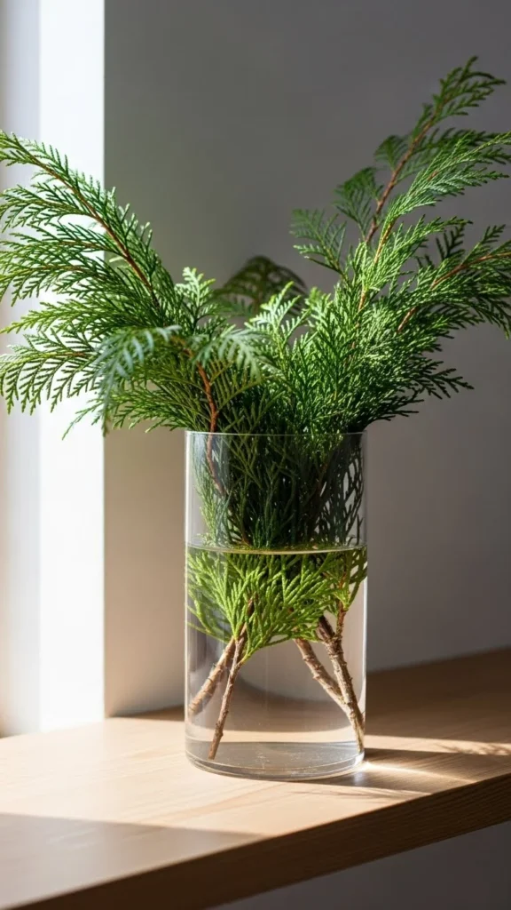 Clear Glass Vase With Cedar Branches