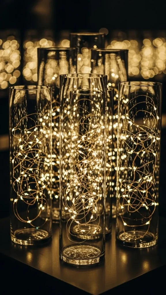 Clear Glass Vases Filled With Fairy Lights