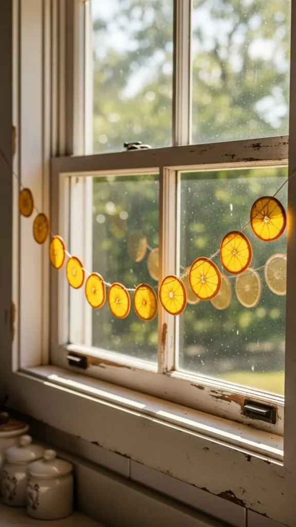Dried Orange Garlands Along a Window Frame