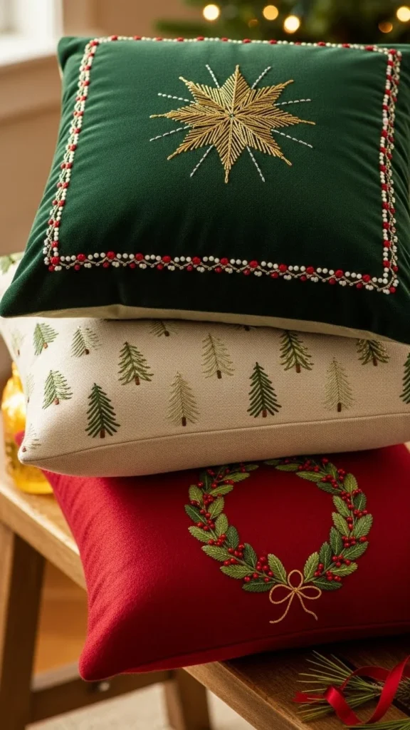Embroidered Holiday Motif Pillows
