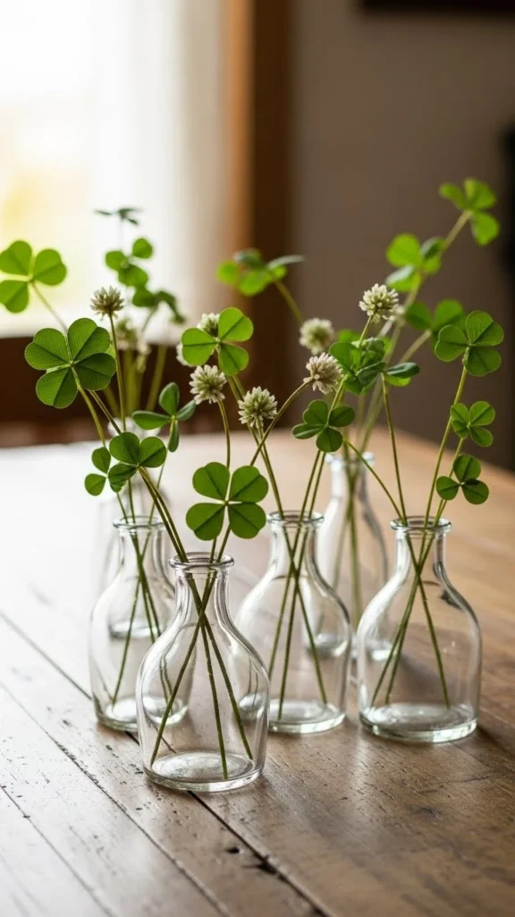 Faux Clover Stems in Small Vases