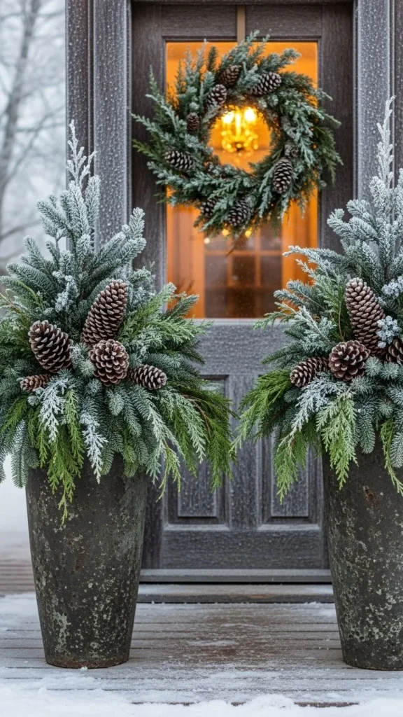 Frosted Evergreen Porch Pots