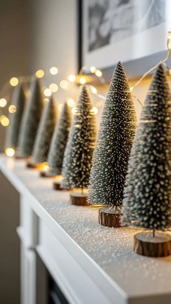 Frosted Mini Trees on the Mantel