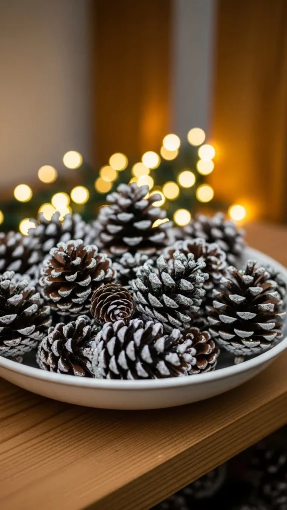 Frosted Pinecones in a Shallow Bowl