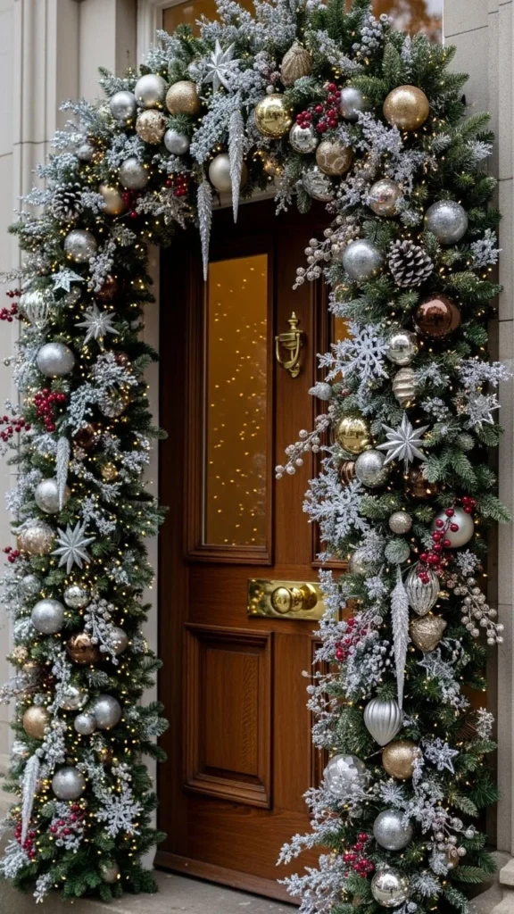 Glittery Outdoor Garland Around the Doorframe