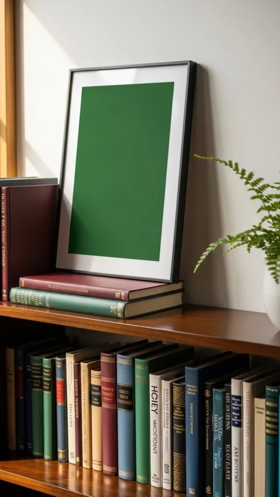 Green Artwork Leaning on Shelves