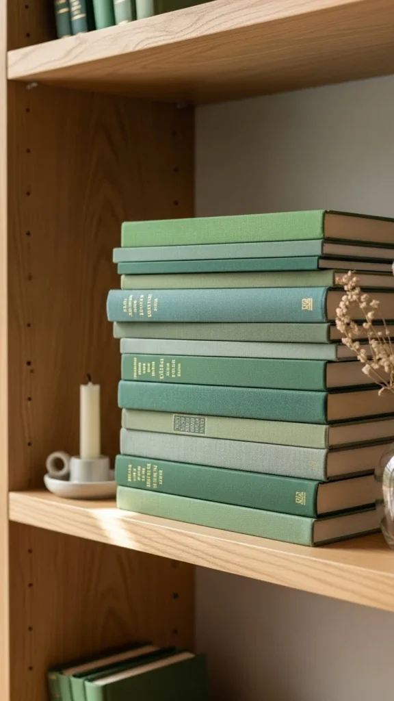 Green Books Styled on Shelves