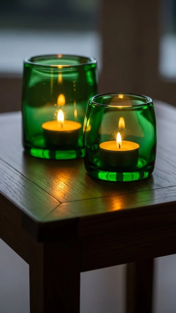 Green Candle Holders on Side Tables