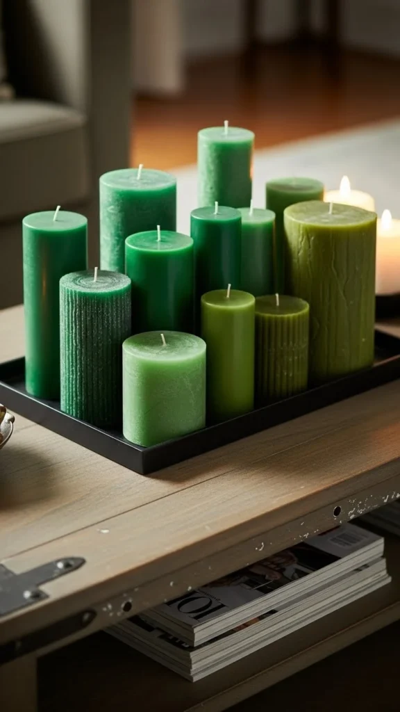 Green Candles Grouped on Trays