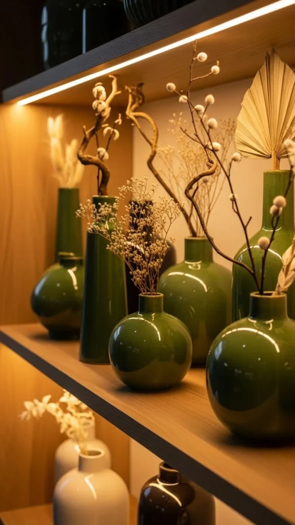 Green Ceramic Vases with Dried Stems