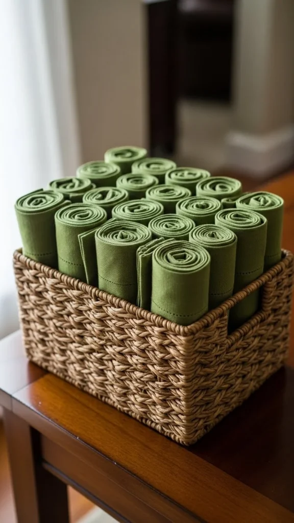Green Fabric Napkins Rolled Simply