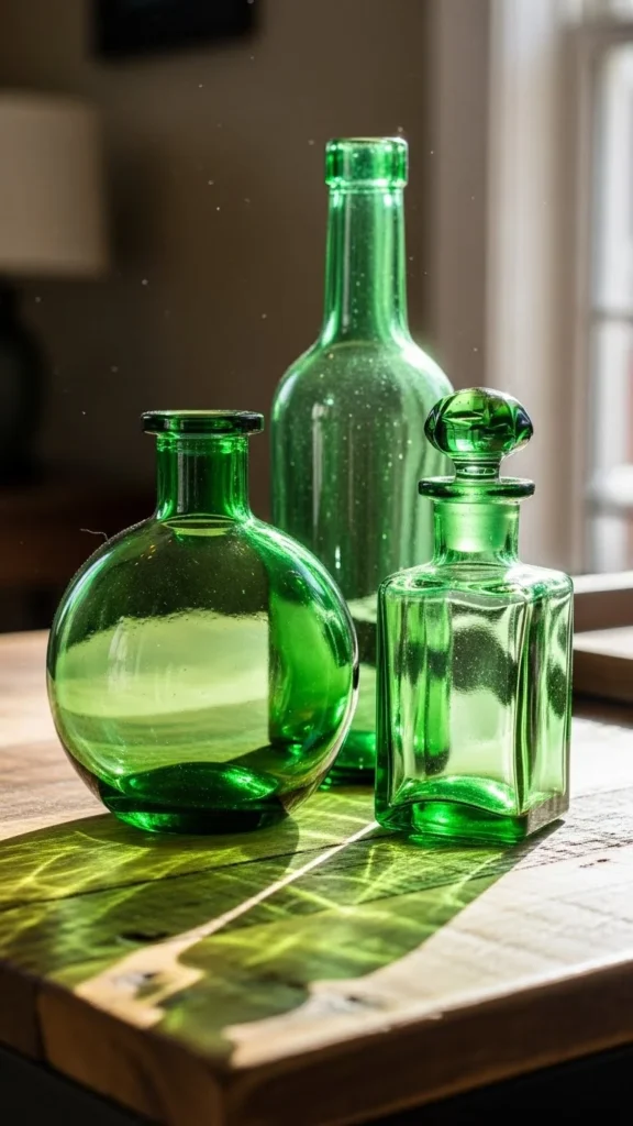 Green Glass Bottle Trio