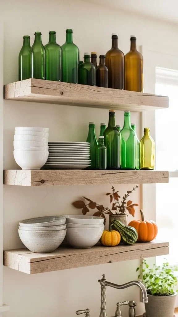 Green Glass Bottles on Open Shelves