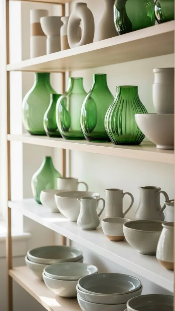 Green Glass Vases on Shelves