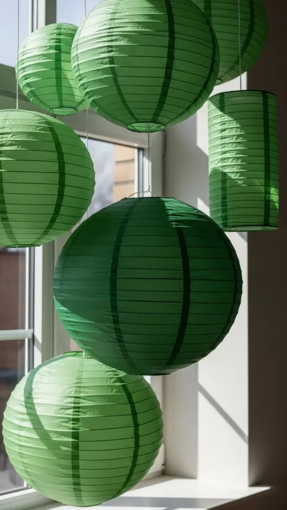Green Paper Lanterns Near Windows