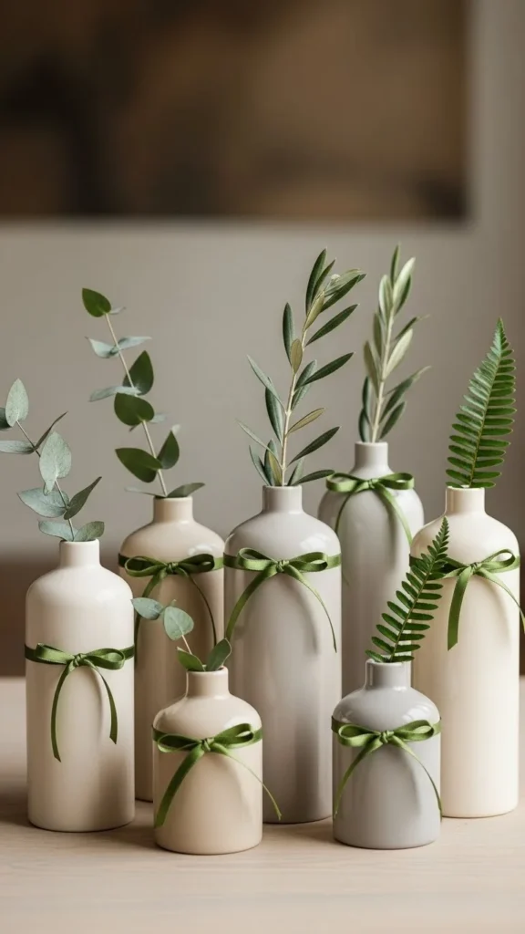Green Ribbon Wrapped Around Vases