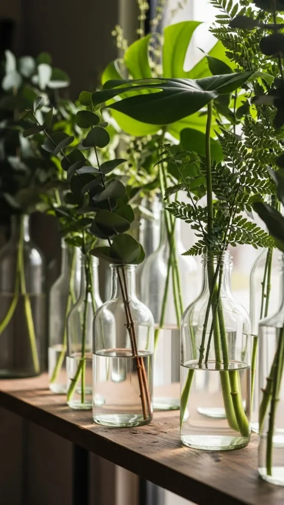 Greenery in Glass Bottles