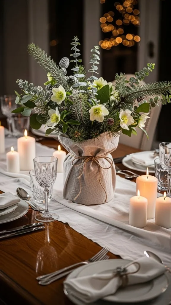 Linen-Wrapped Vase with Winter Greens