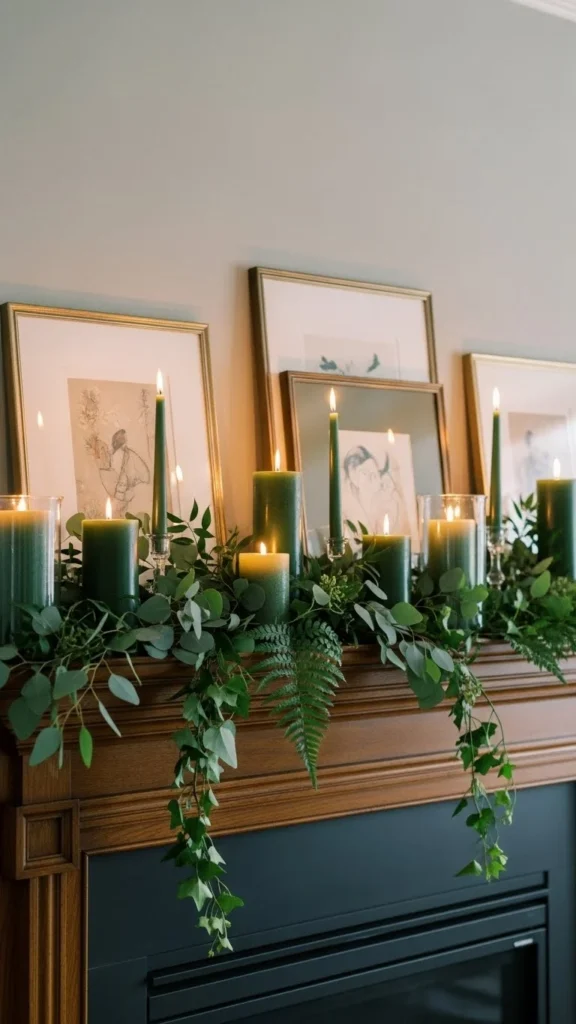 Mantel Decor with Green Layers