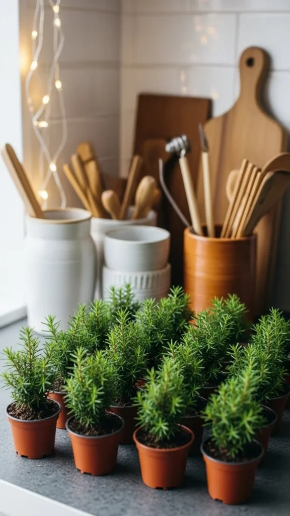 Mini Potted Evergreens on the Counter