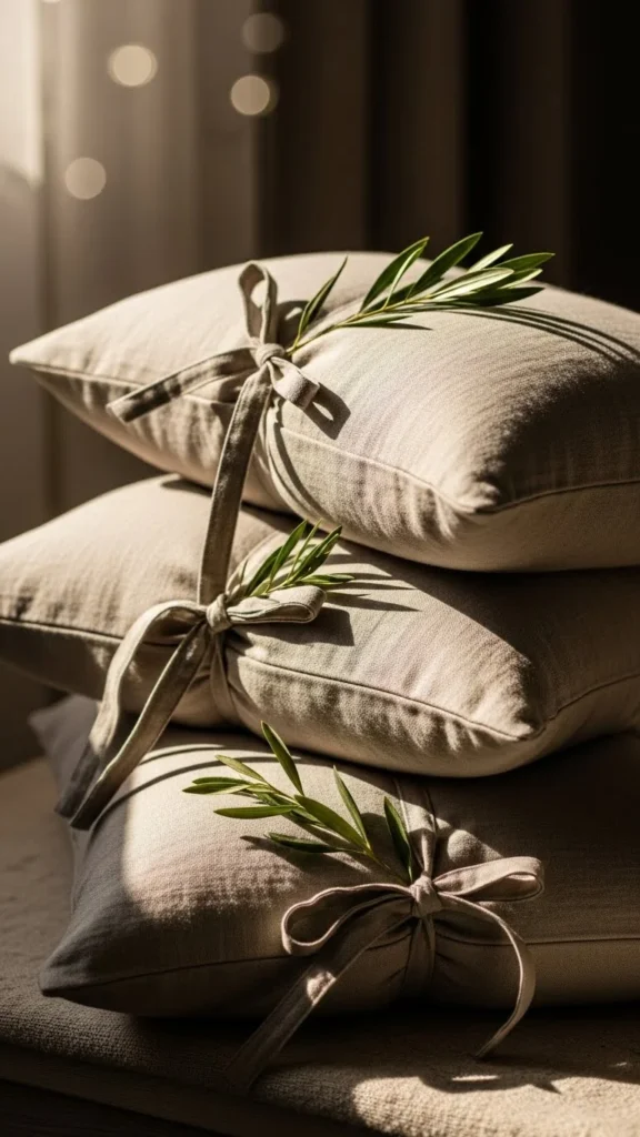 Neutral Linen Pillows with Greenery Accents
