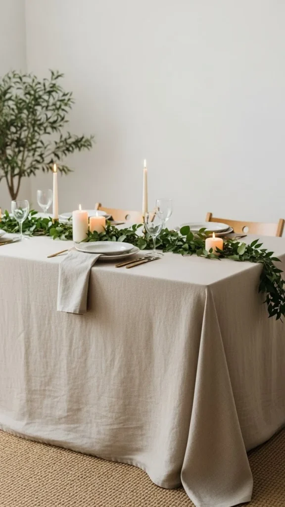 Neutral Linen Tablecloth With Green Accents