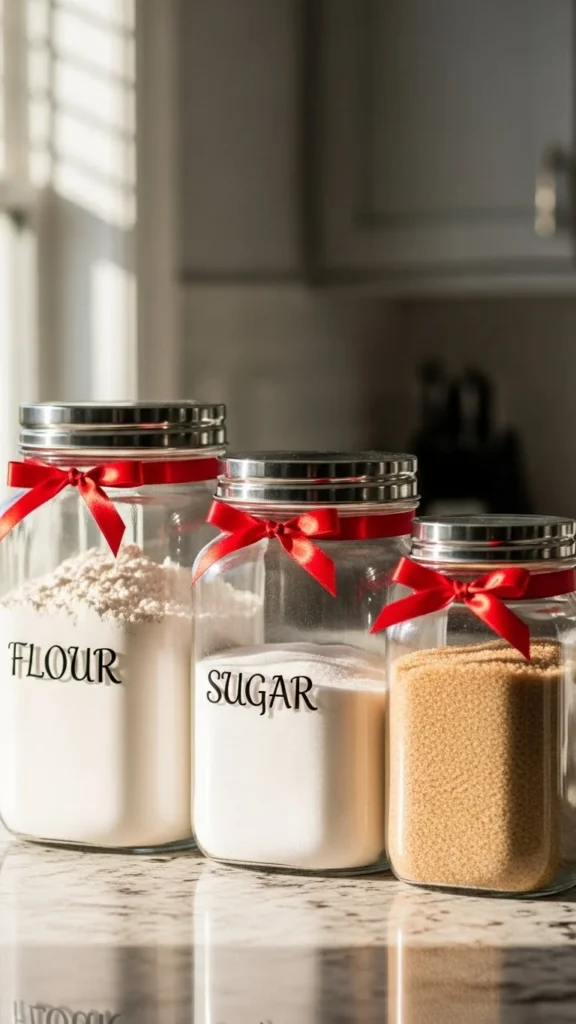 Red Ribbon Tied Around Canisters