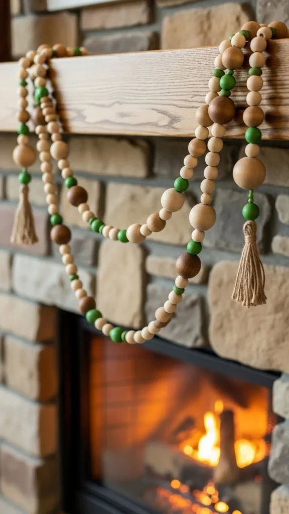 Rustic Wood Bead Garland With Green Accents