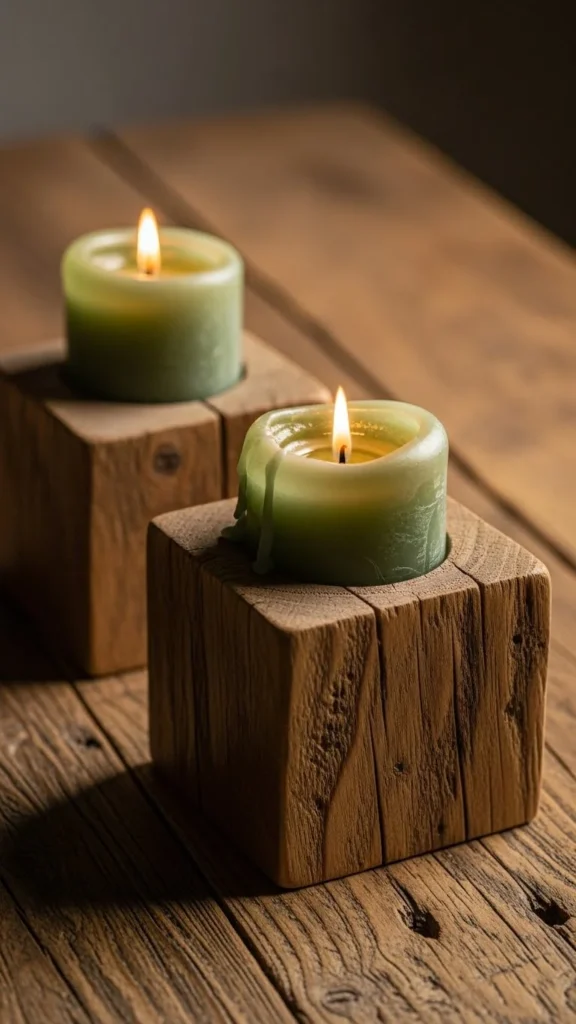 Rustic Wood Candle Holders With Green Wax