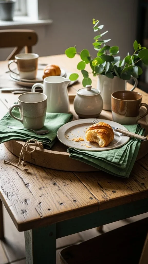 Rustic Wood Tray With Green Linens