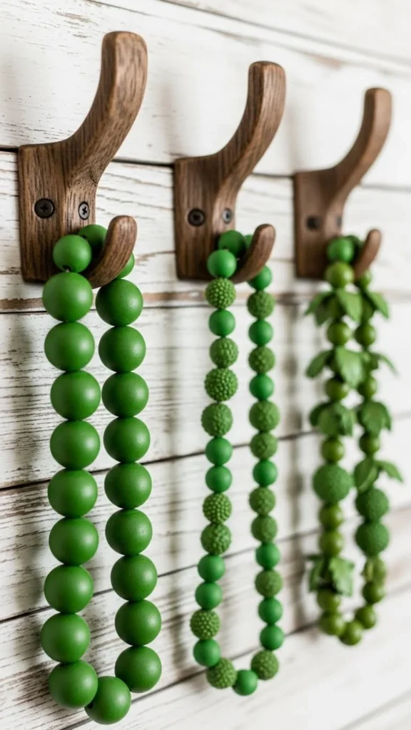 Rustic Wood Wall Hooks With Green Beads