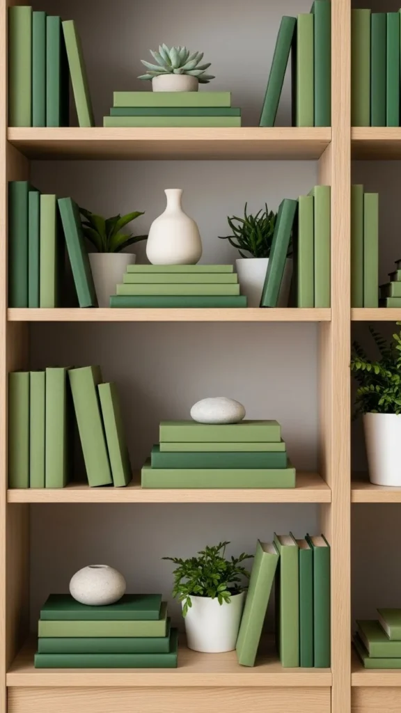 Shelf Styling with Green Books and Decor