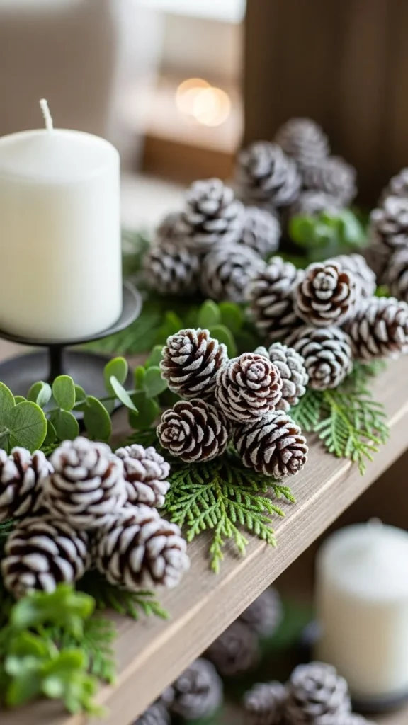 Snow-Dusted Pinecones in Small Clusters