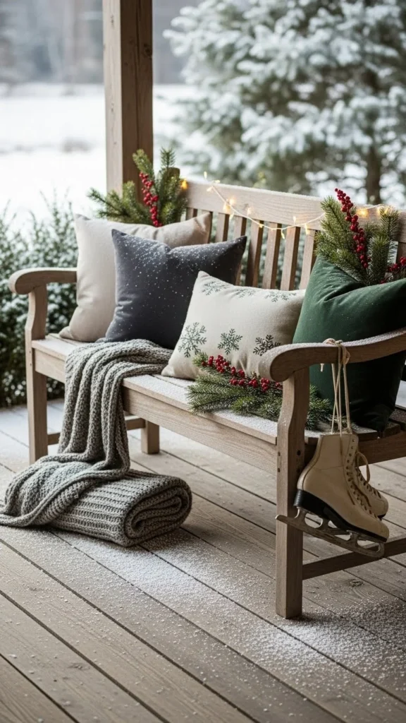Snow-Dusted Porch Bench Display