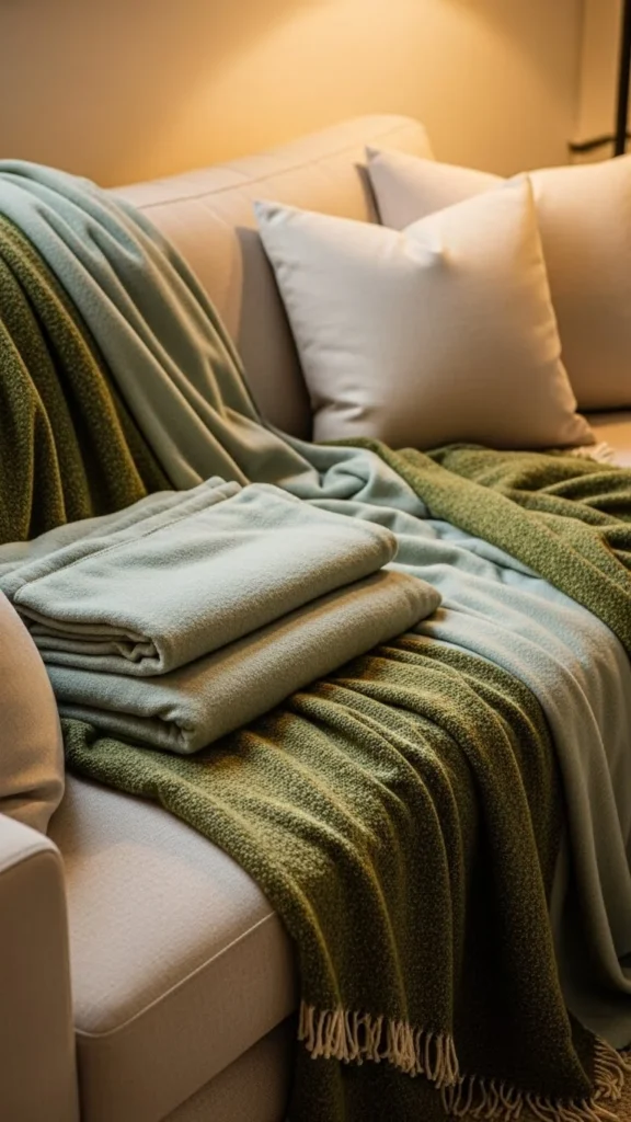 Soft Green Throw Blankets on the Sofa