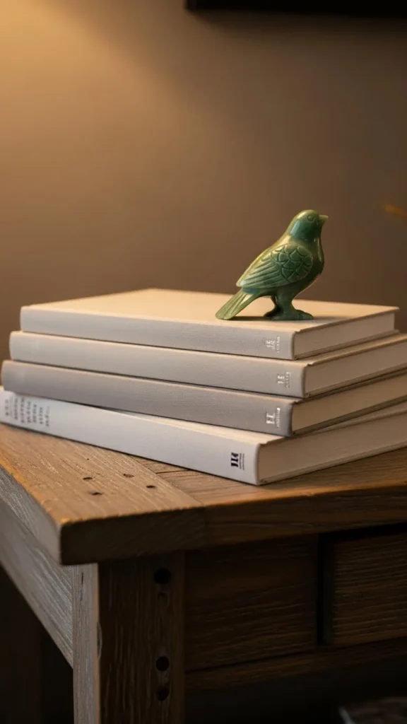 Stacked Neutral Books With Green Accent