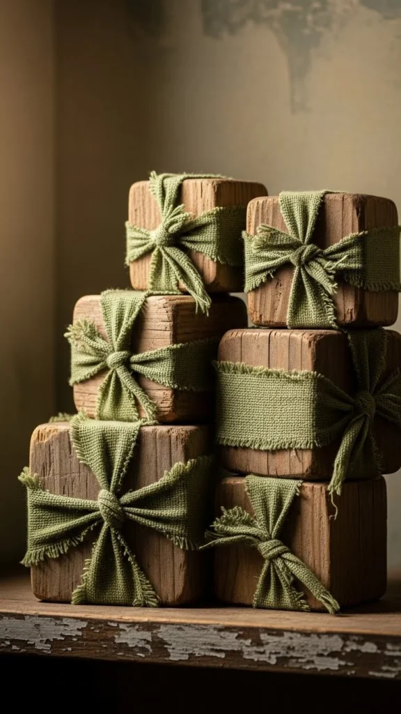 Stacked Wood Blocks With Green Fabric Wrap
