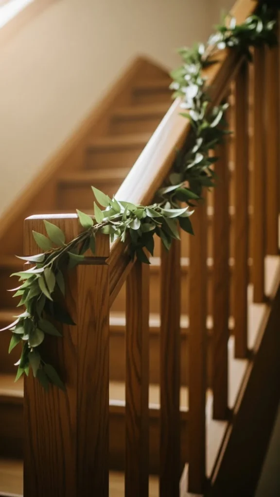 Staircase Decor with Green Garlands